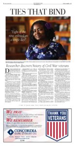 The image of the full page feature article about Deborah Fountain Researcher and Rich Soil Press Author Featured in The Natchez Democrat Veterans Day 2017 Edition